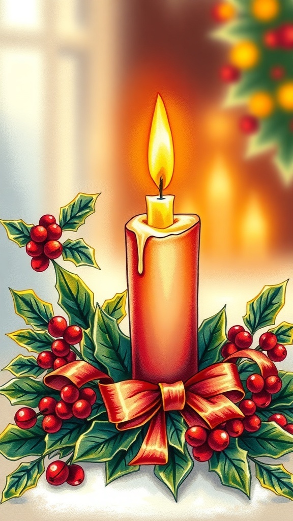 A festive Christmas candle drawing with holly and berries, glowing warmly.